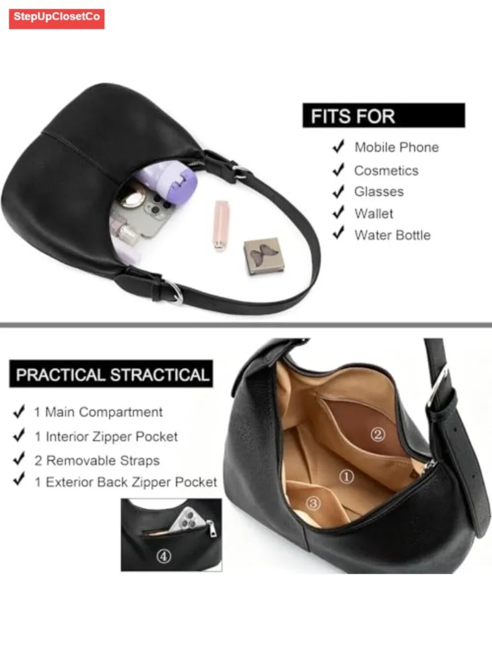 Women's Hobo Slouchy Shoulder Handbag Crossbody Purse Faux Leather Vegan